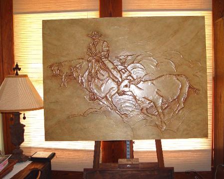 art, art gallery, DusekArtGallery, art studio, artist, Texas Artist, Central Texas Artist, Sandy Dusek, hunting, man cave, rodeo, cowboy, cows, county art, farm art, acrylic painting, warm colors, home decor, artboard, bas-relief, sculpted