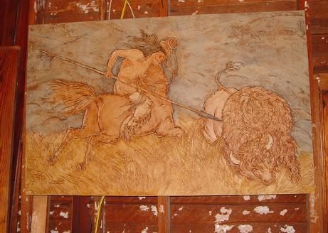 art, art gallery, DusekArtGallery, art studio, artist, Texas Artist, Central Texas Artist, Sandy Dusek, bas-relief, sculpted relief, warm tones, artboard, animals, horses, buffalo, Indians, hunting, man cave art, home decor, acrylic painting
