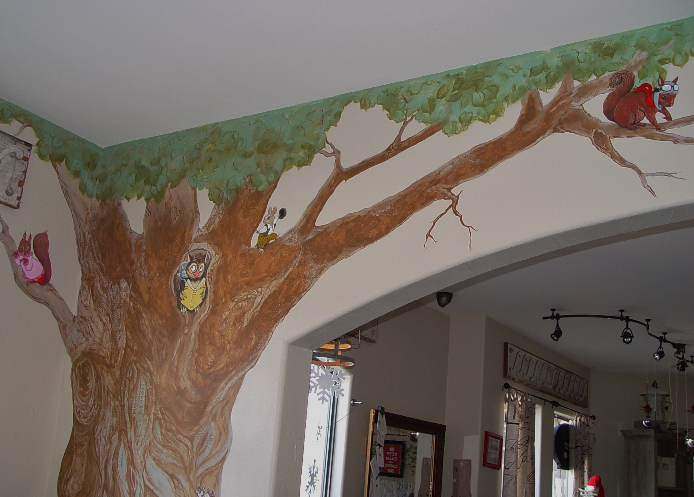 Nursery,baby,children,whimsical,animals,rabbits,mice,mouse,owl,book,squirrel,birds,tree,painted,mural,Sandy Dusek,Texas Artist,DusekArtGallery.com