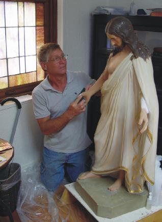 Texas Artist Sandy Dusek,historic altar restoration at St.John Lutheran Church,Bartlett,Tx,Jesus statue repair