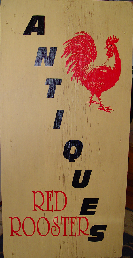 vintage,sign,antiques,red rooster,painting,distressed,aged,Sandy Dusek,Texas Artist,DusekArtGallery.com
